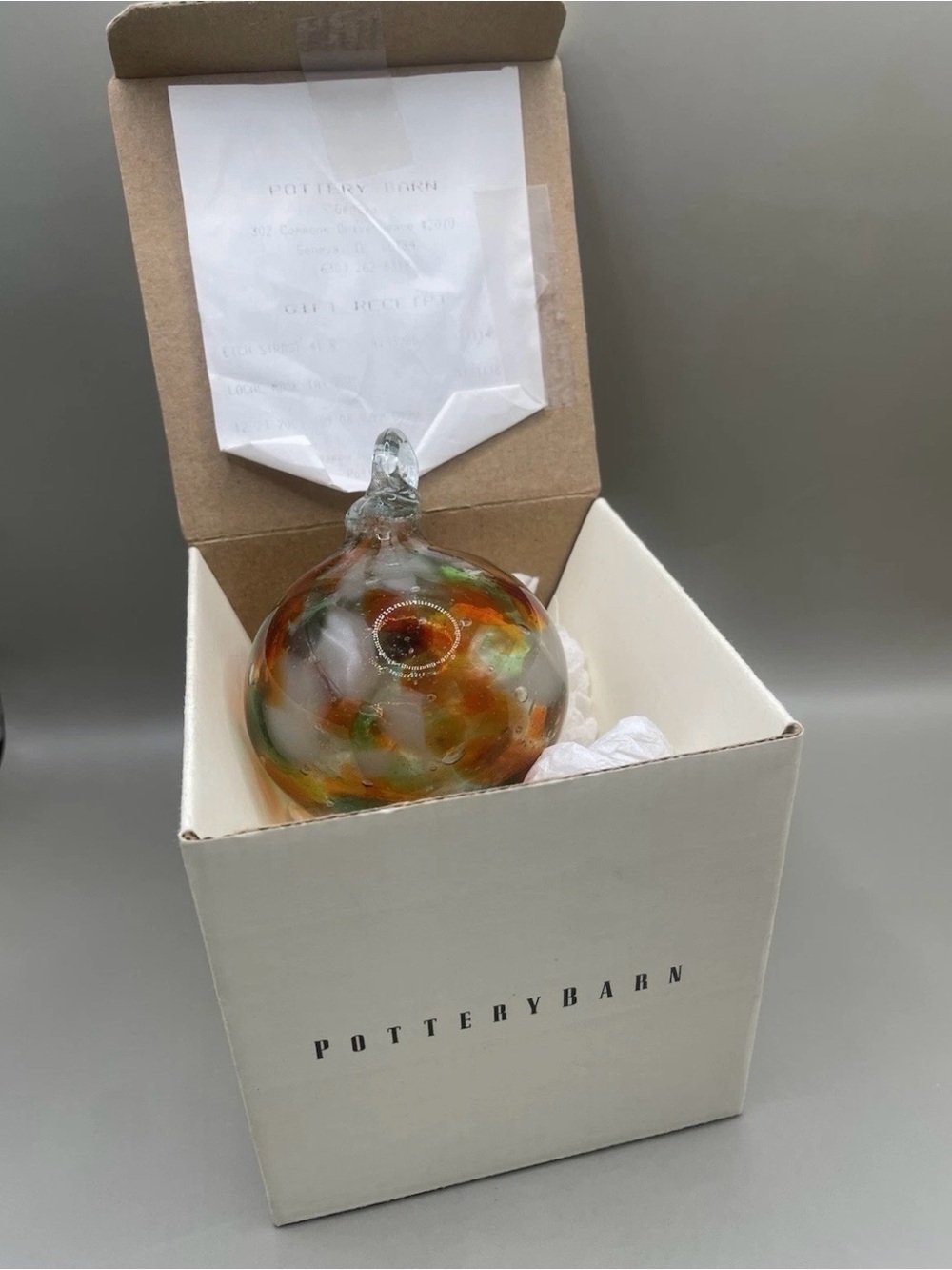 READ Pottery Barn Hand Blown 3” Ornament Green Orange Christmas Holiday W/BOX
